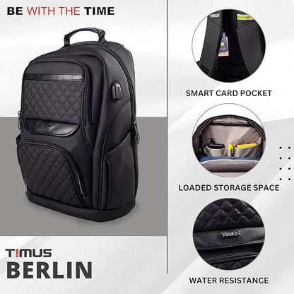 Berlin black backpack with feature highlights including smart card pocket, spacious organized compartments, and water-resistant quilted front design.