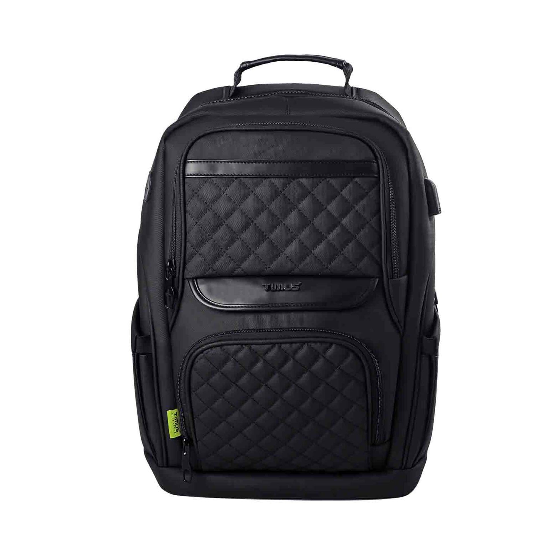 Front view of black Berlin professional backpack featuring quilted design, dual zippered compartments, sleek top handle and timus brand logo at front.