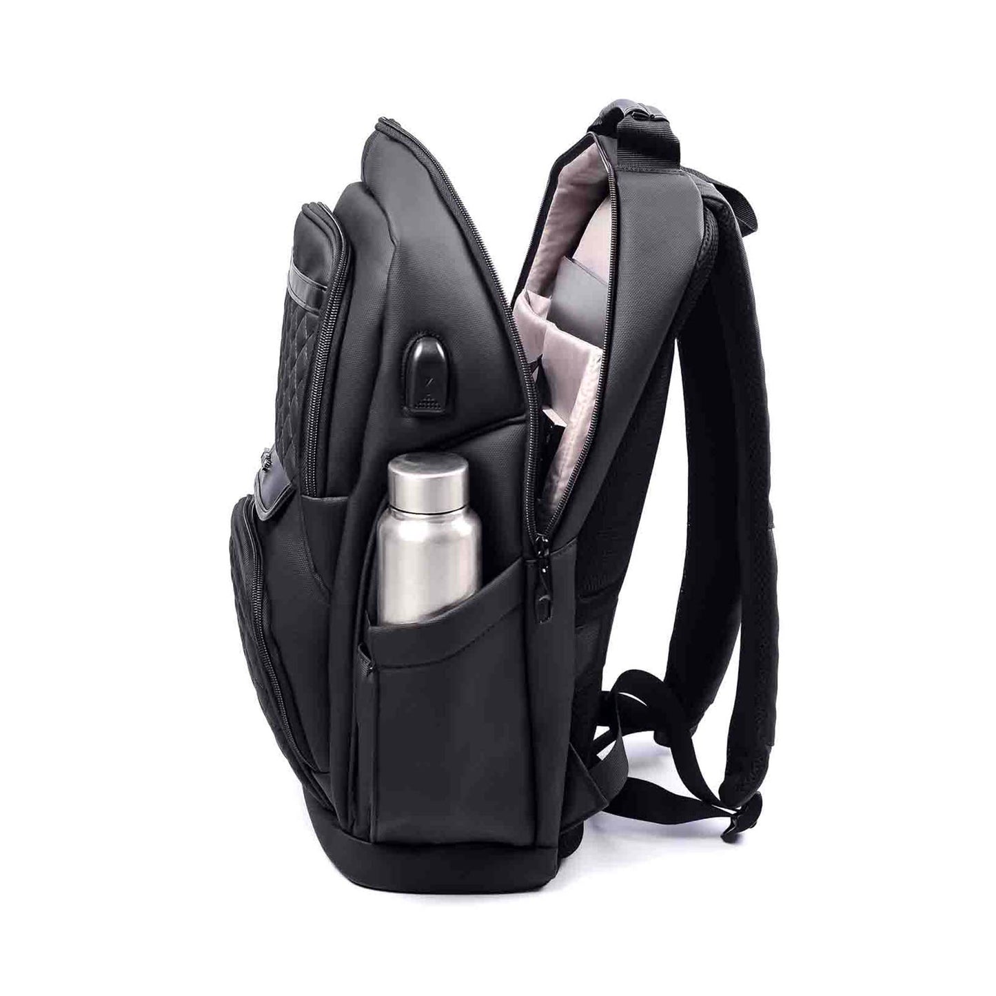 Open side view of black Berlin professional backpack showing padded laptop sleeve, USB port, and water bottle pocket.