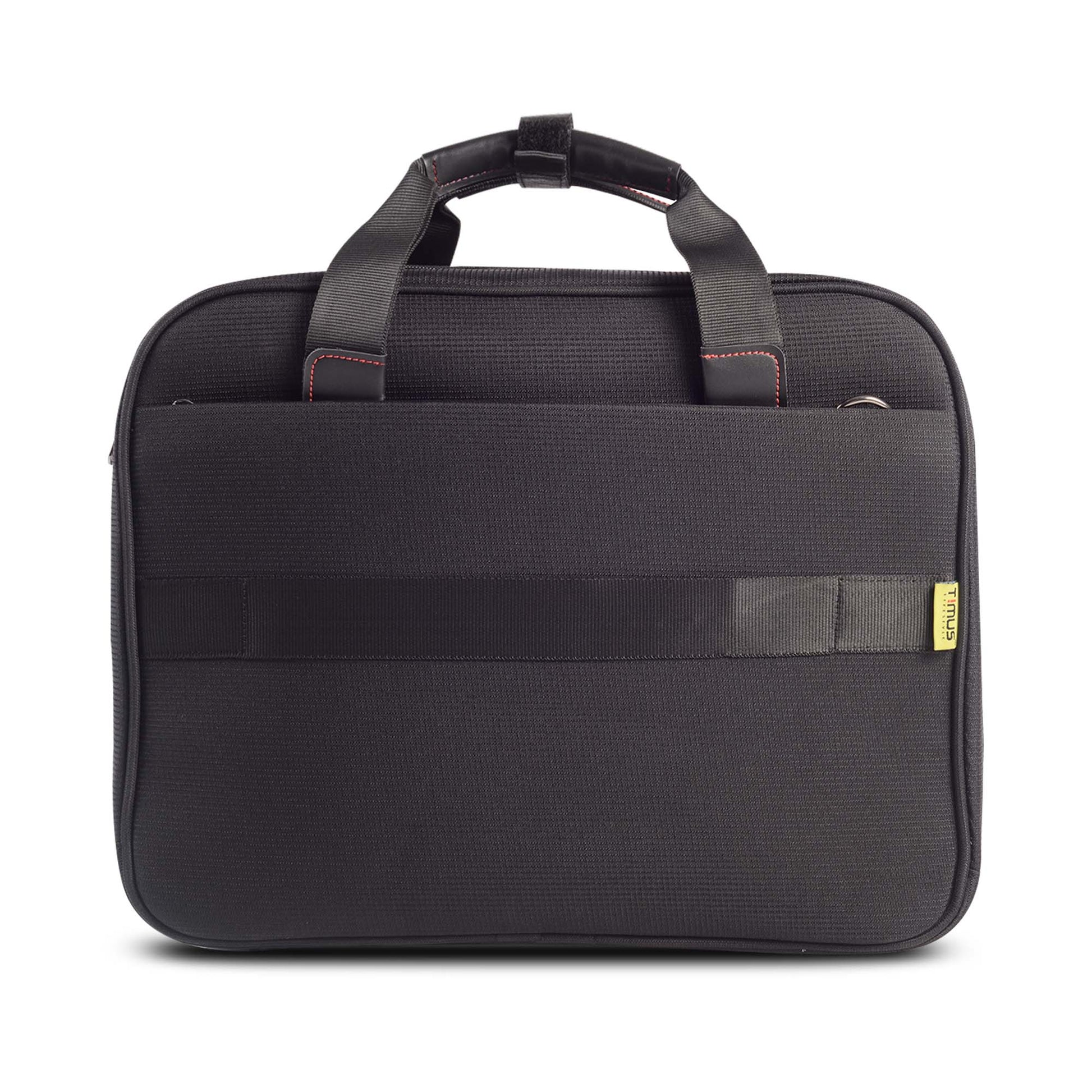 Back view of black Timus Connect laptop carry-on bag featuring dual handles, trolley strap, back pocket, and small yellow Timus logo tag

