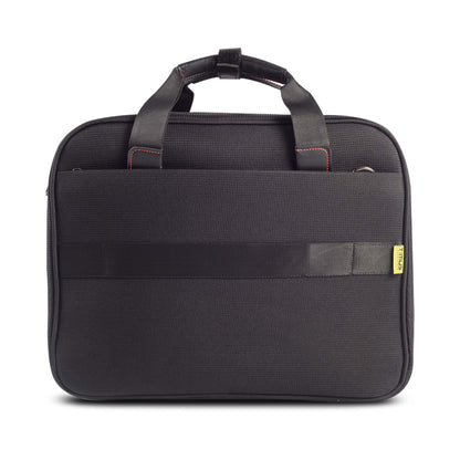 Back view of black Timus Connect laptop carry-on bag featuring dual handles, trolley strap, back pocket, and small yellow Timus logo tag

