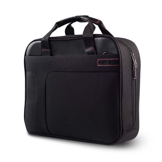 Black Timus Connect laptop carry-on bag with Timus logo, dual handles, front left angled view showing textured fabric, front pocket, and main compartment's zipper detail.
