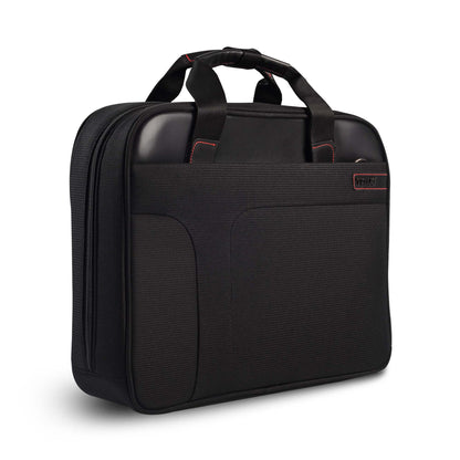 Right front angled view of black Timus Connect laptop carry-on bag featuring a sleek rectangular design, textured fabric, curved front pocket panel, dual padded handles with red stitch accents, and a visible Timus logo.