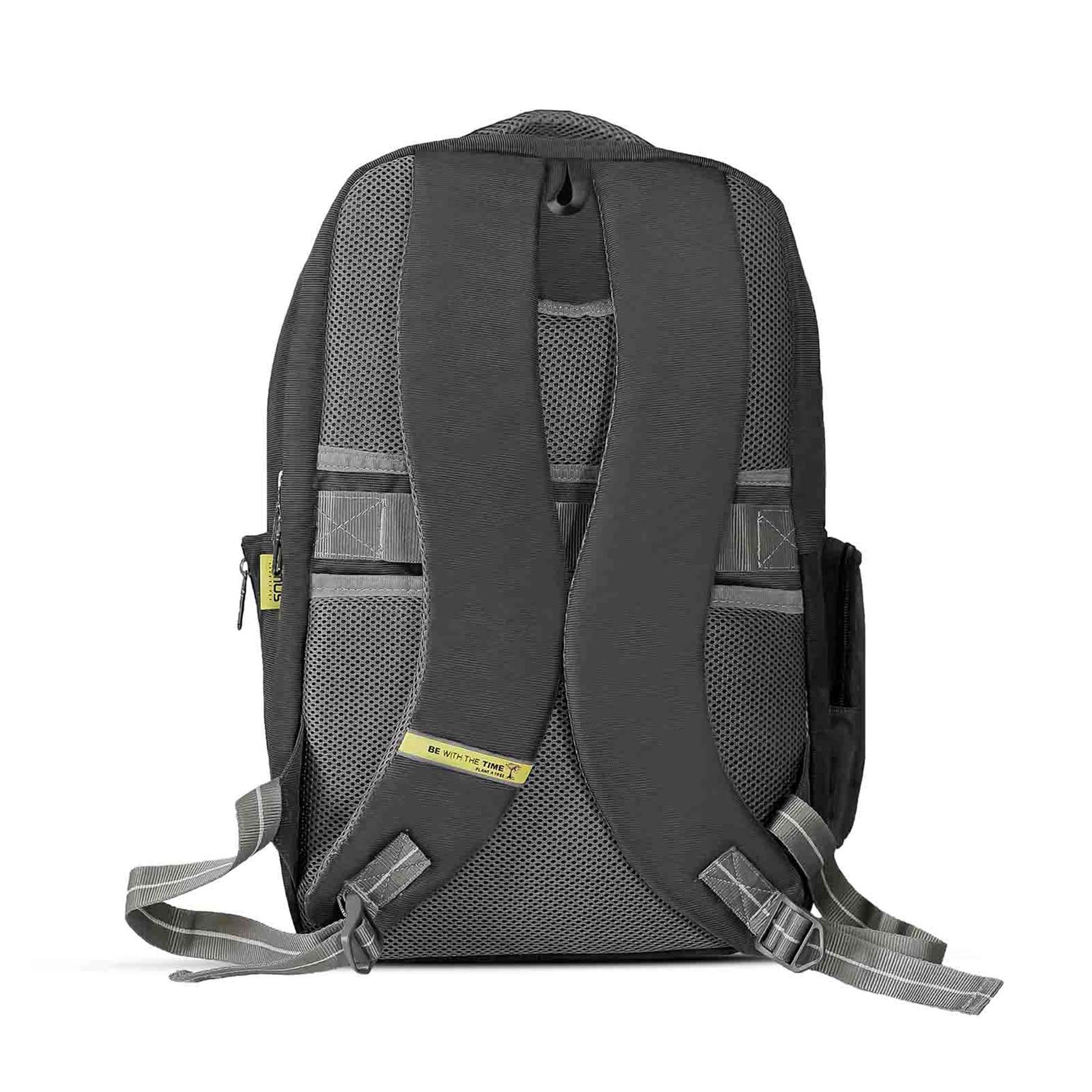 Back view of black Timus Canada casual backpack showing padded adjustable shoulder straps with grey accents, breathable mesh back panel, yellow branded tagline on the lower strap, top carry handle, and luggage strap.
