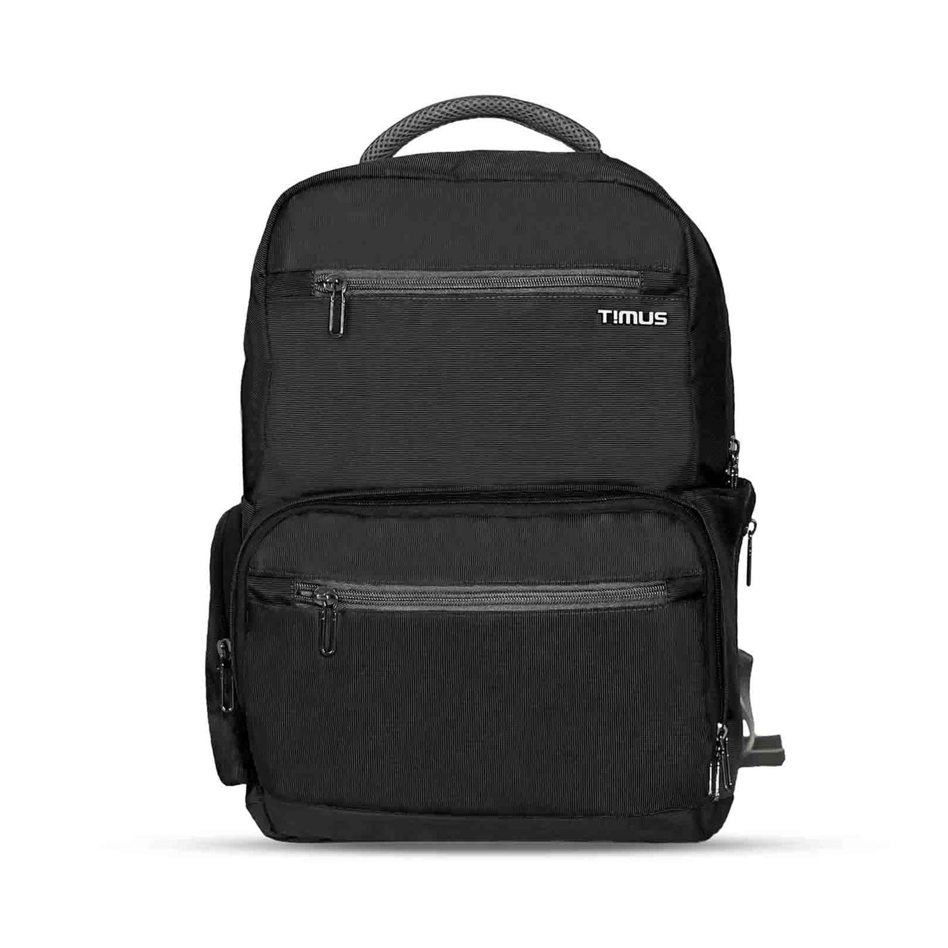Front view of black Timus Canada casual backpack featuring a textured finish, two spacious front zippered compartments with grey zippers, visible white Timus logo on the upper front pocket, padded top carry handle, and a side zipper pocket partially visible on the right.
