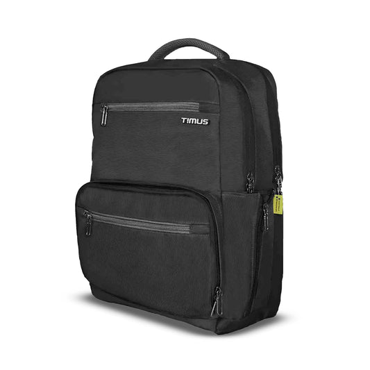 Black Timus Canada casual backpack shown from the front-left angle, featuring a textured finish, two front zippered compartments with grey zippers, visible white Timus logo on the upper front pocket, a side zip pocket with a yellow pull tag, and a padded top handle.
