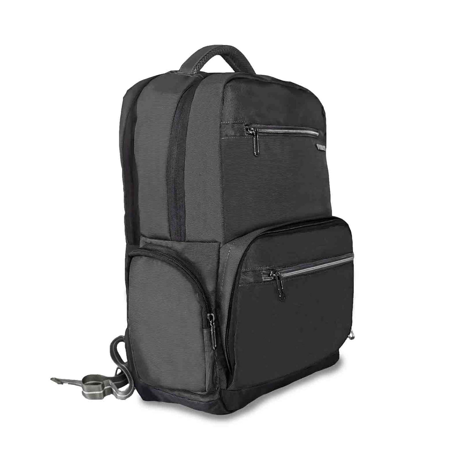 Right side view of black Timus Canada casual backpack featuring a textured finish, two front zippered compartments with grey zippers, padded top handle, visible side zip pocket.
