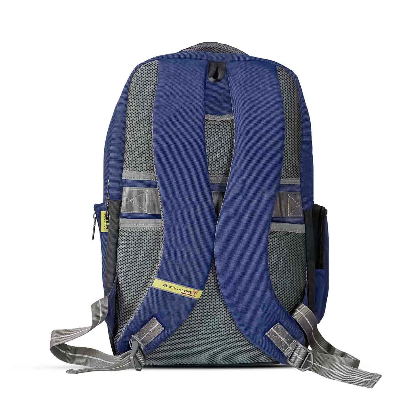 Back view of blue Timus Canada casual backpack showing padded adjustable shoulder straps with grey accents, breathable mesh back panel, yellow branded tagline on the lower strap, top carry handle, and luggage strap.
