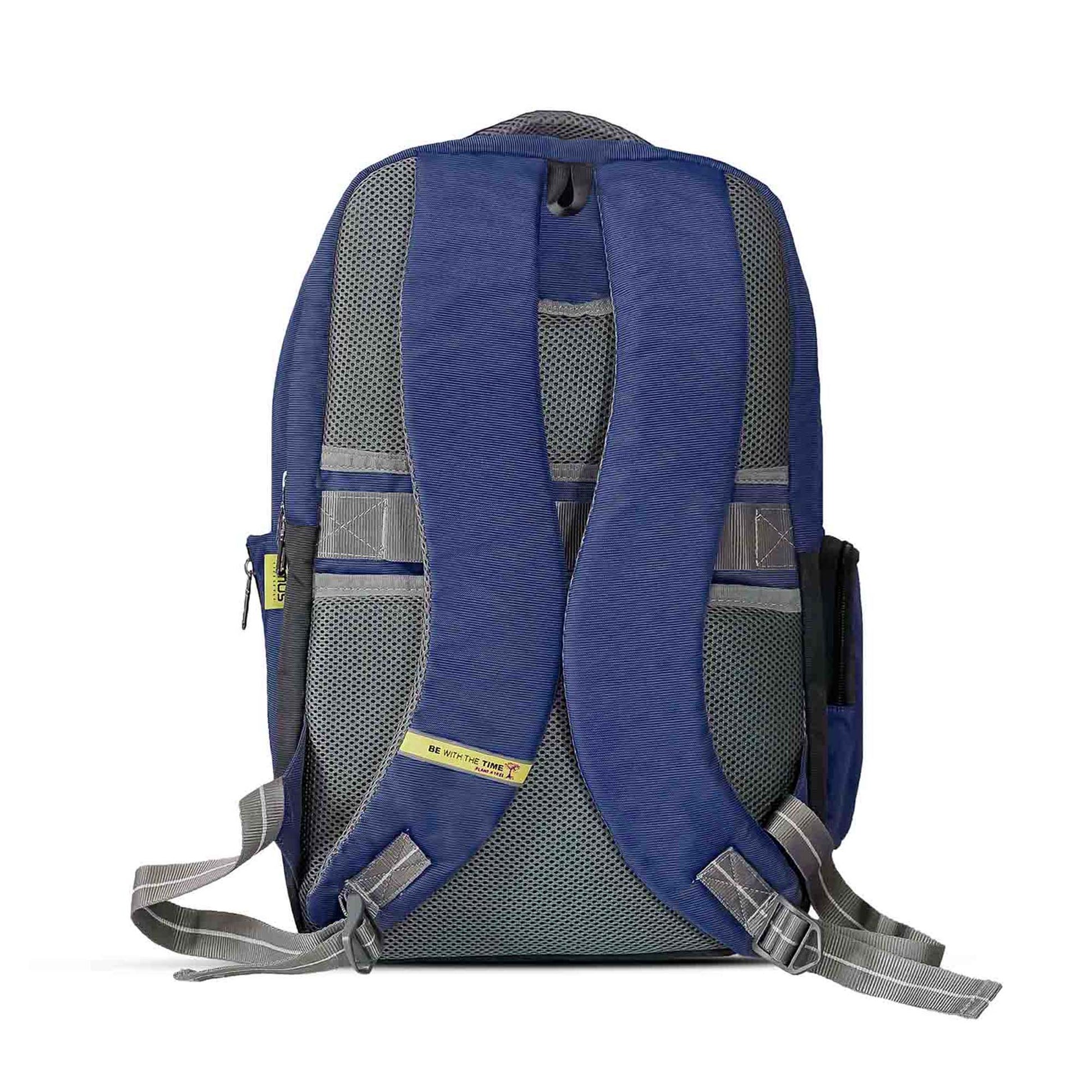 Back view of blue Timus Canada casual backpack showing padded adjustable shoulder straps with grey accents, breathable mesh back panel, yellow branded tagline on the lower strap, top carry handle, and luggage strap.
