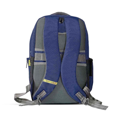 Back view of blue Timus Canada casual backpack showing padded adjustable shoulder straps with grey accents, breathable mesh back panel, yellow branded tagline on the lower strap, top carry handle, and luggage strap.
