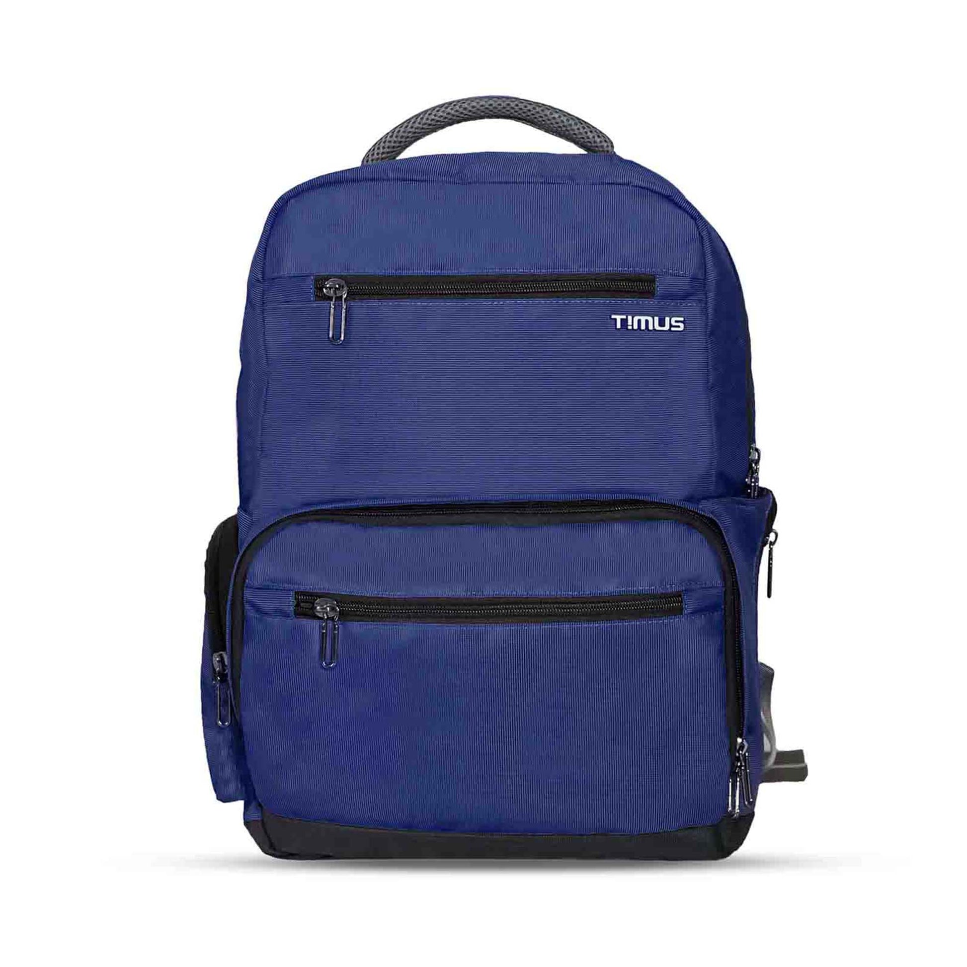 Front view of blue Timus Canada casual backpack featuring a textured finish, two spacious front zippered compartments, visible white Timus logo on the upper front pocket, padded top carry handle, and a side zipper pocket partially visible on the right.
