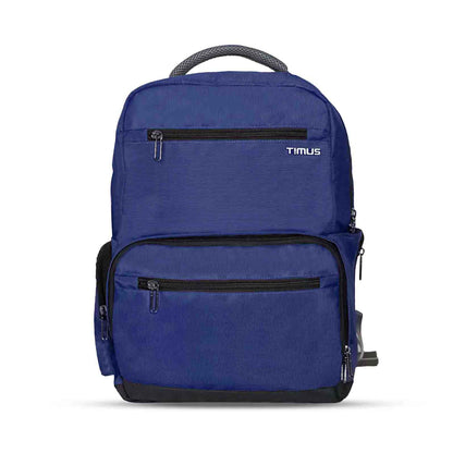 Front view of blue Timus Canada casual backpack featuring a textured finish, two spacious front zippered compartments, visible white Timus logo on the upper front pocket, padded top carry handle, and a side zipper pocket partially visible on the right.
