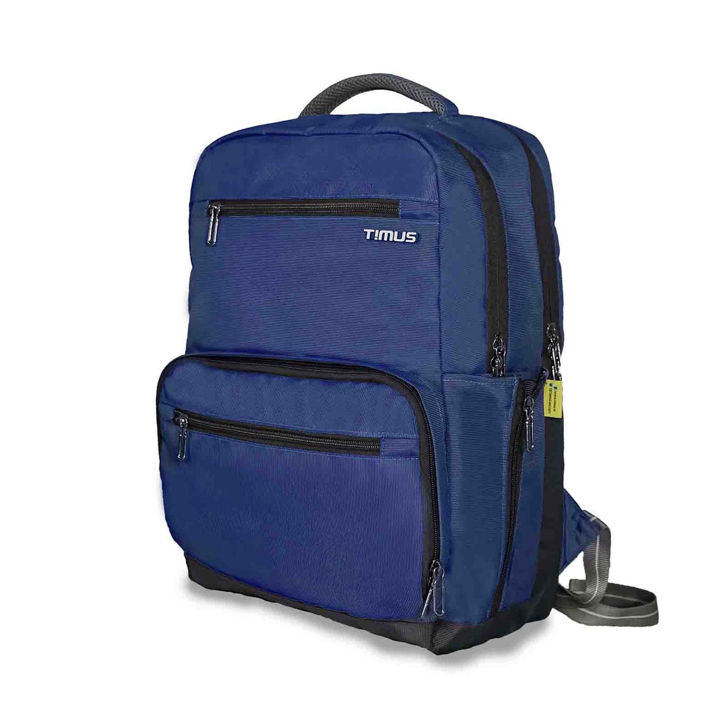 Blue Timus Canada casual backpack shown from the front-left angle, featuring a textured finish, two front zippered compartments with grey zippers, visible white Timus logo on the upper front pocket, a side zip pocket with a yellow pull tag, and a padded top handle.
