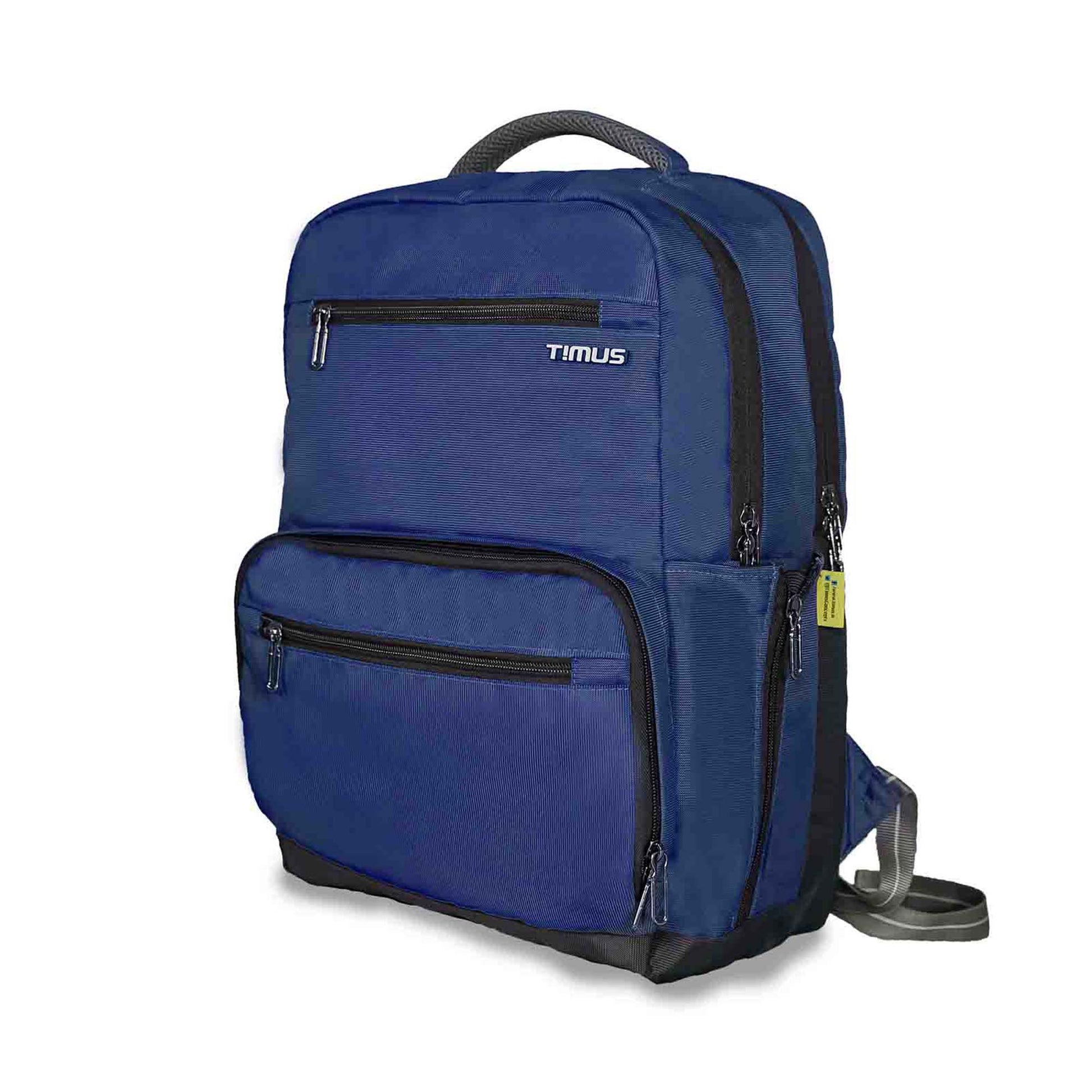 Blue Timus Canada casual backpack shown from the front-left angle, featuring a textured finish, two front zippered compartments with grey zippers, visible white Timus logo on the upper front pocket, a side zip pocket with a yellow pull tag, and a padded top handle.
