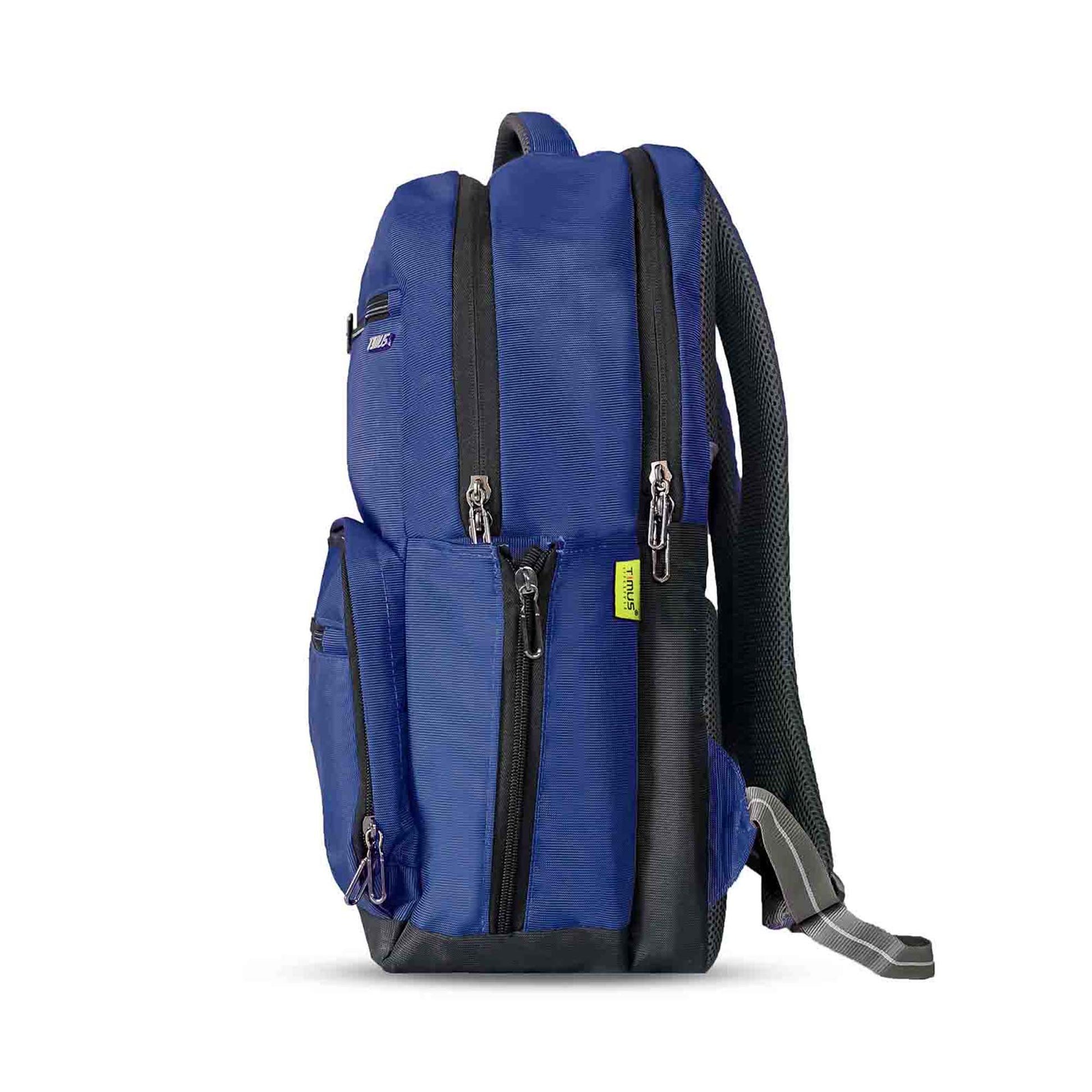 Left-side view of blue Timus Canada casual backpack showing dual zippered compartments, side storage pocket, padded top carry handle, and breathable mesh back panel with padded shoulder straps.