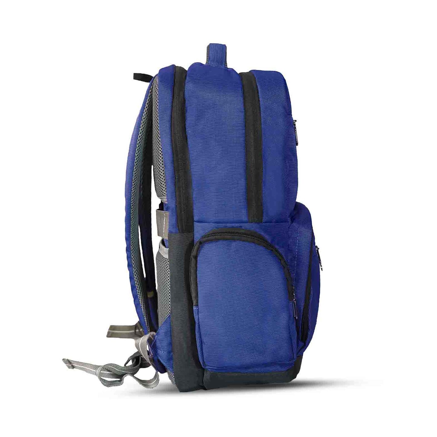 Right-side view of blue Timus Canada casual backpack showcasing dual zippered main compartments, a side zippered pocket, padded adjustable shoulder strap with grey accents, and a top carry handle.