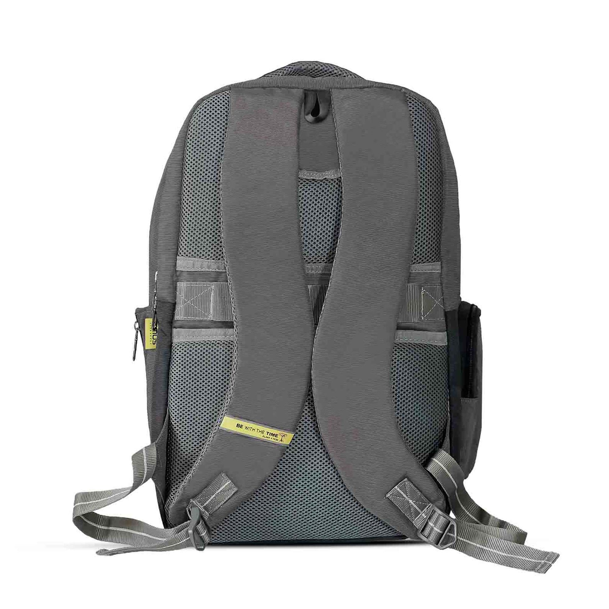 Back view of grey Timus Canada backpack showing padded shoulder straps with yellow tagline "BE WITH THE TIME", breathable mesh back panel, and horizontal luggage strap