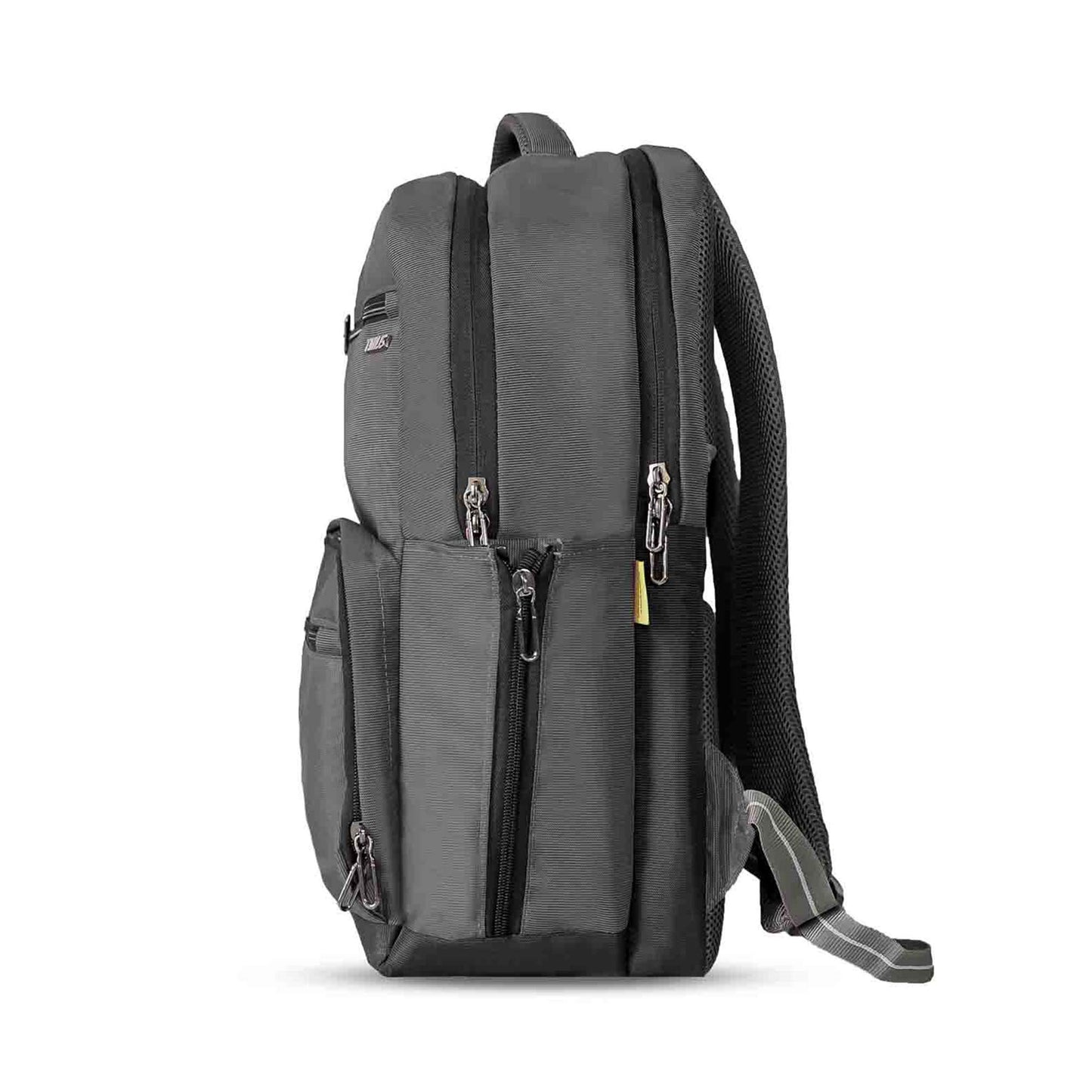 Left side view of grey Timus Canada backpack featuring dual zippered compartments, zippered side pouch with brand tag in yellow and padded shoulder straps.