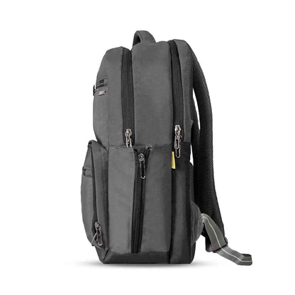 Left side view of grey Timus Canada backpack featuring dual zippered compartments, zippered side pouch with brand tag in yellow and padded shoulder straps.