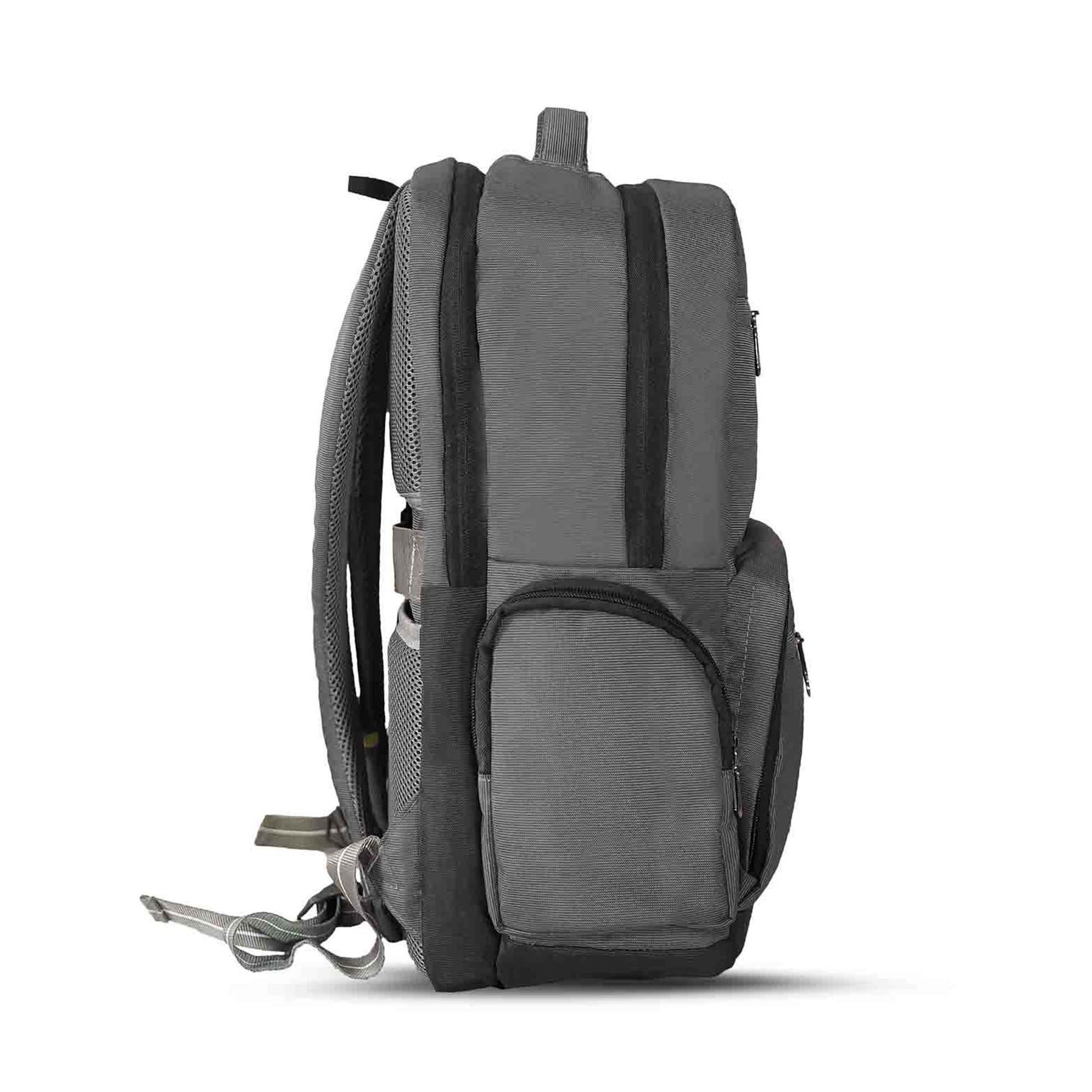 Right side view of grey Timus Canada backpack showing closed side pocket, padded shoulder straps, and back padding.