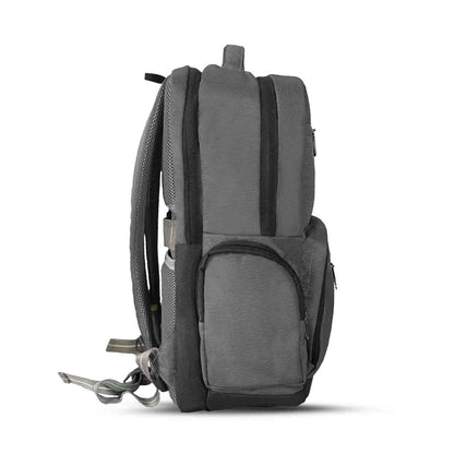Right side view of grey Timus Canada backpack showing closed side pocket, padded shoulder straps, and back padding.