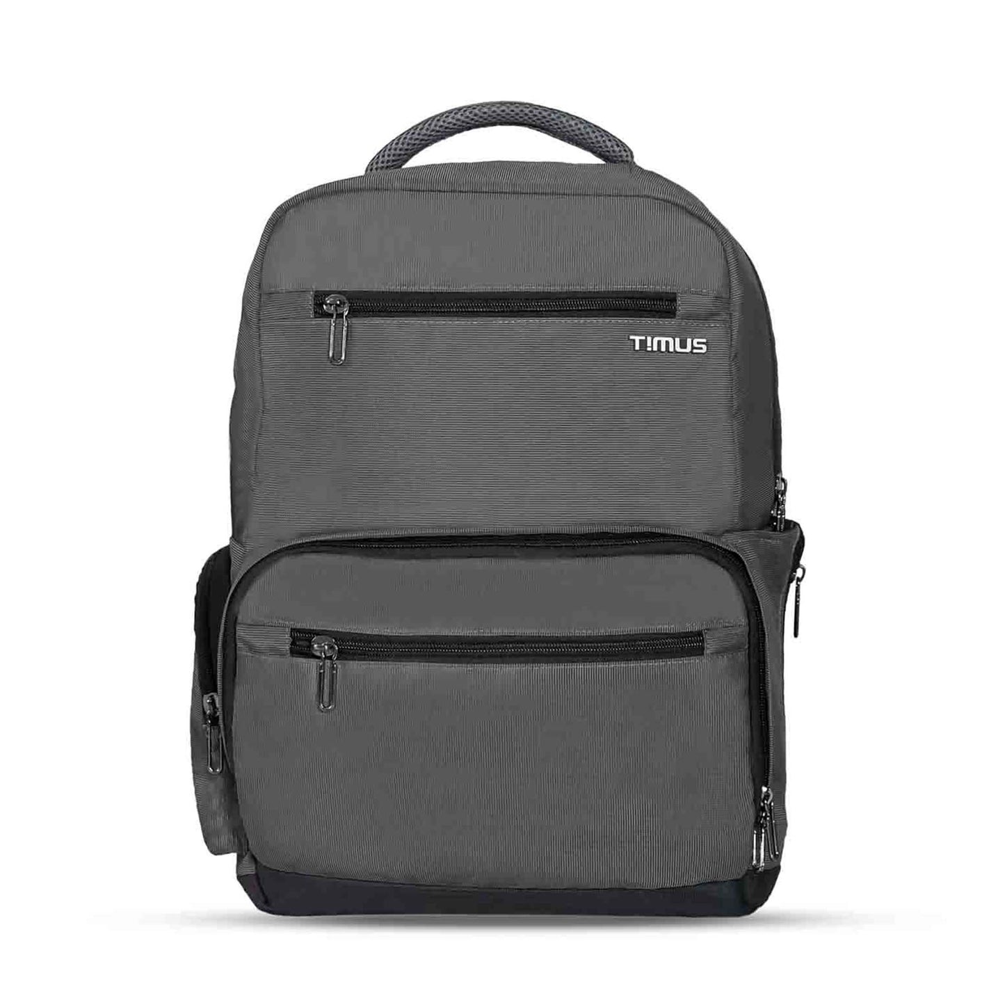 Front view of grey Timus Canada backpack with zippered front compartments, padded top handle, side pockets, and visible Timus logo.