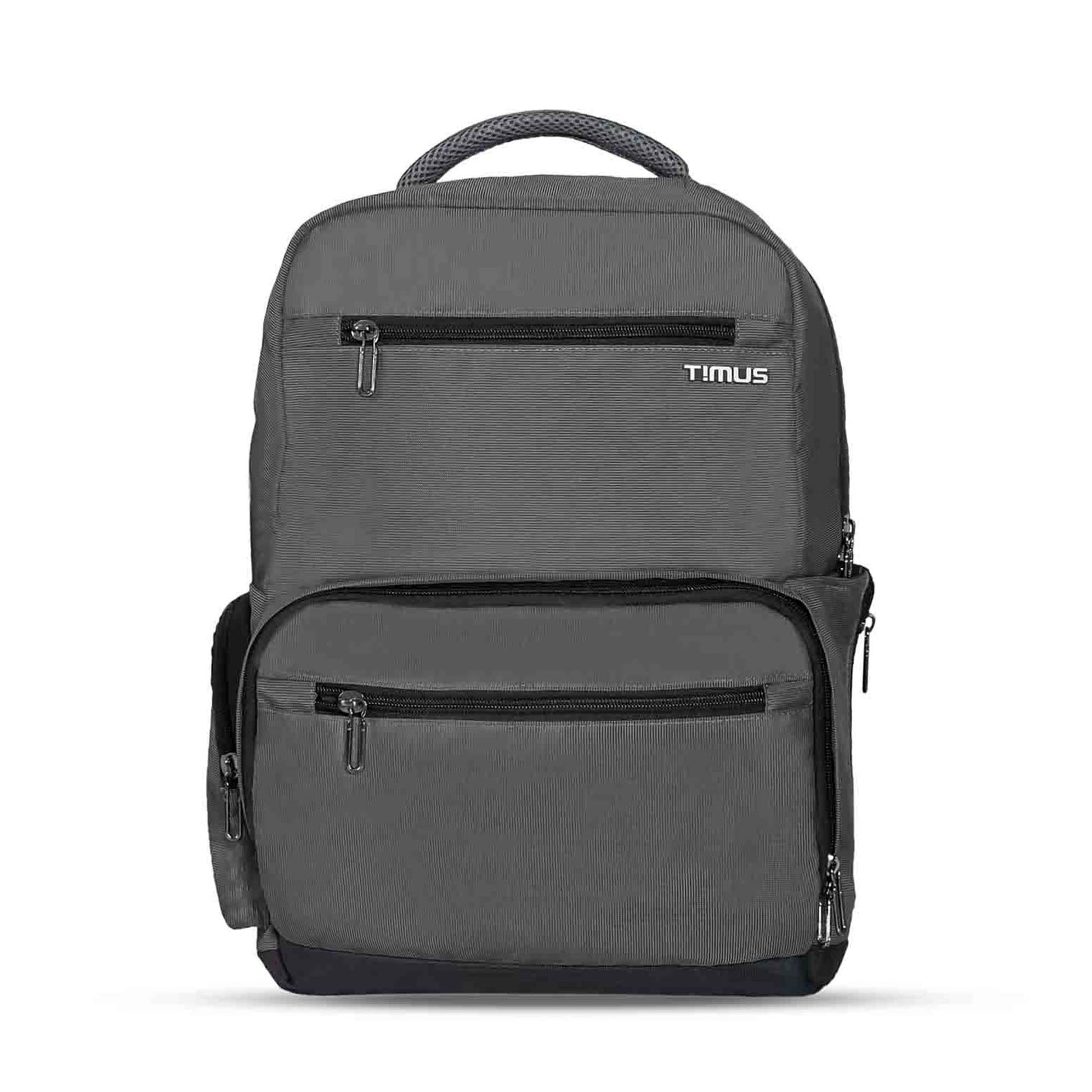 Front view of grey Timus Canada backpack with zippered front compartments, padded top handle, side pockets, and visible Timus logo.