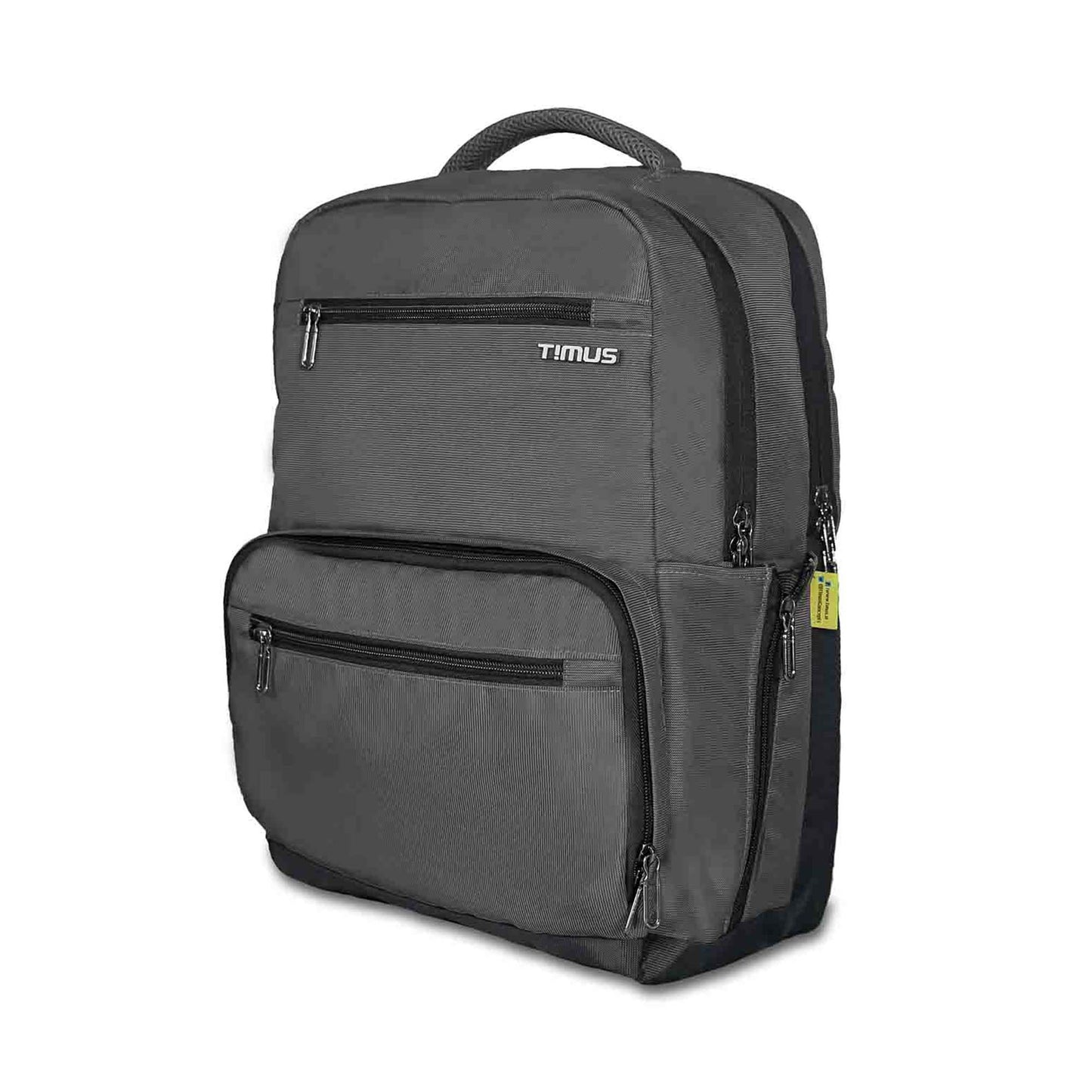 Left front-angled view of grey Timus Canada casual backpack featuring dual zippered compartments, front zip pockets, padded top carry handle, and side mesh pocket with yellow brand tag.