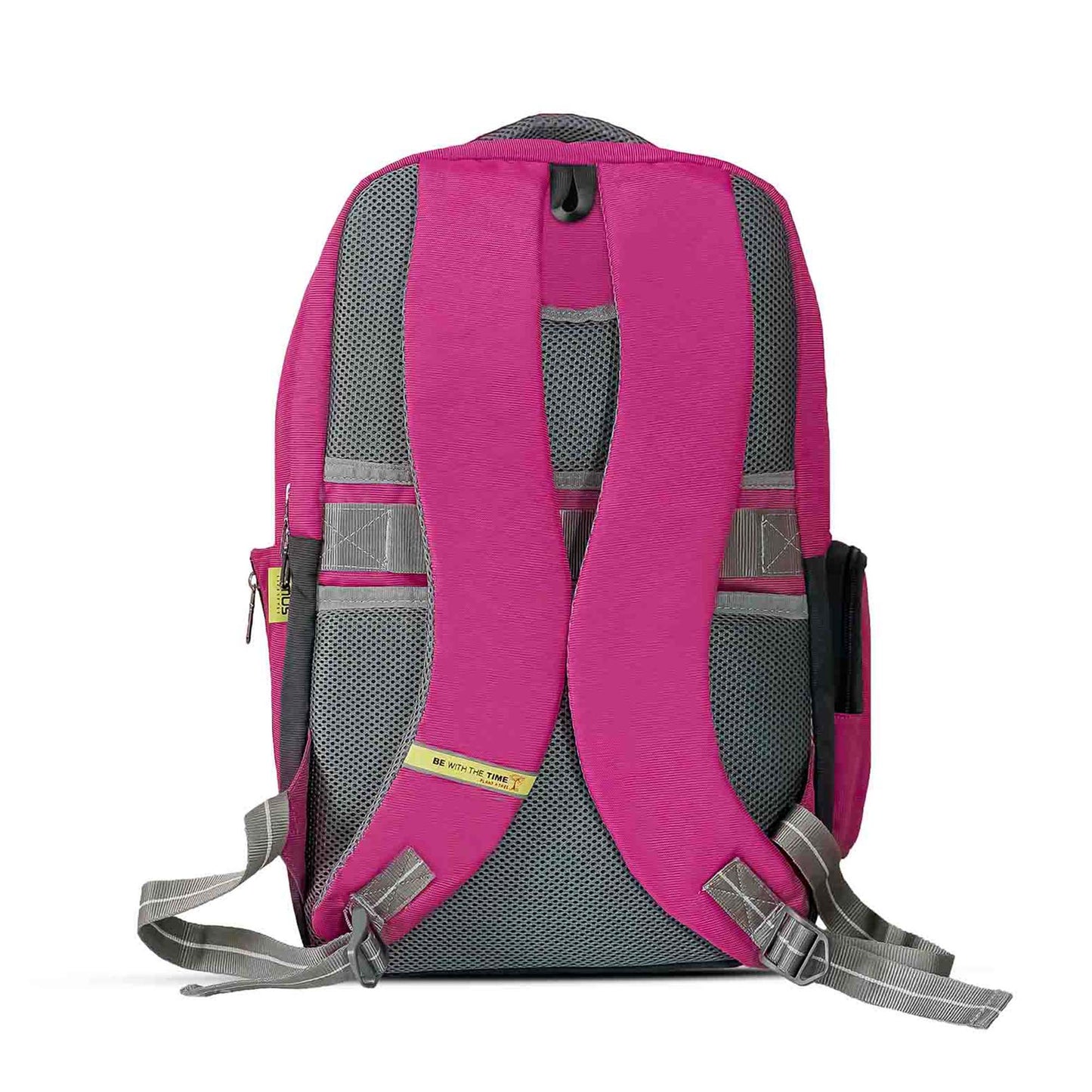 Back view of pink Timus Canada casual backpack showing padded adjustable shoulder straps with grey accents, breathable mesh back panel, top carry handle, and luggage strap.