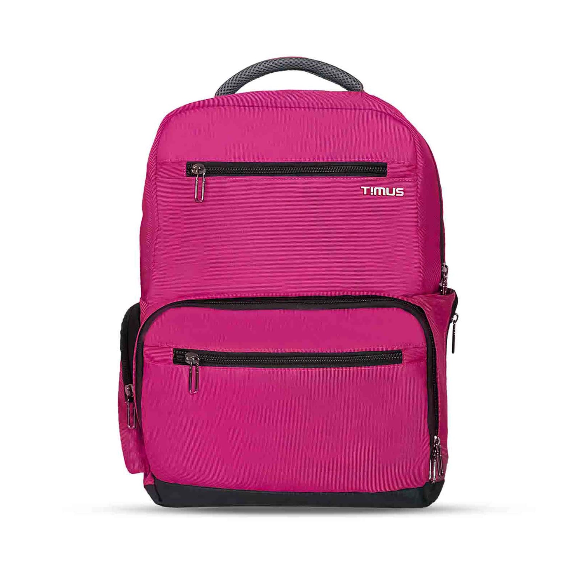 Front view of pink Timus Canada casual backpack showing textured fabric, two front zippered compartments with black zippers, black base, zippered side pocket on the left, padded top handle, and white Timus logo on the upper front pocket.
