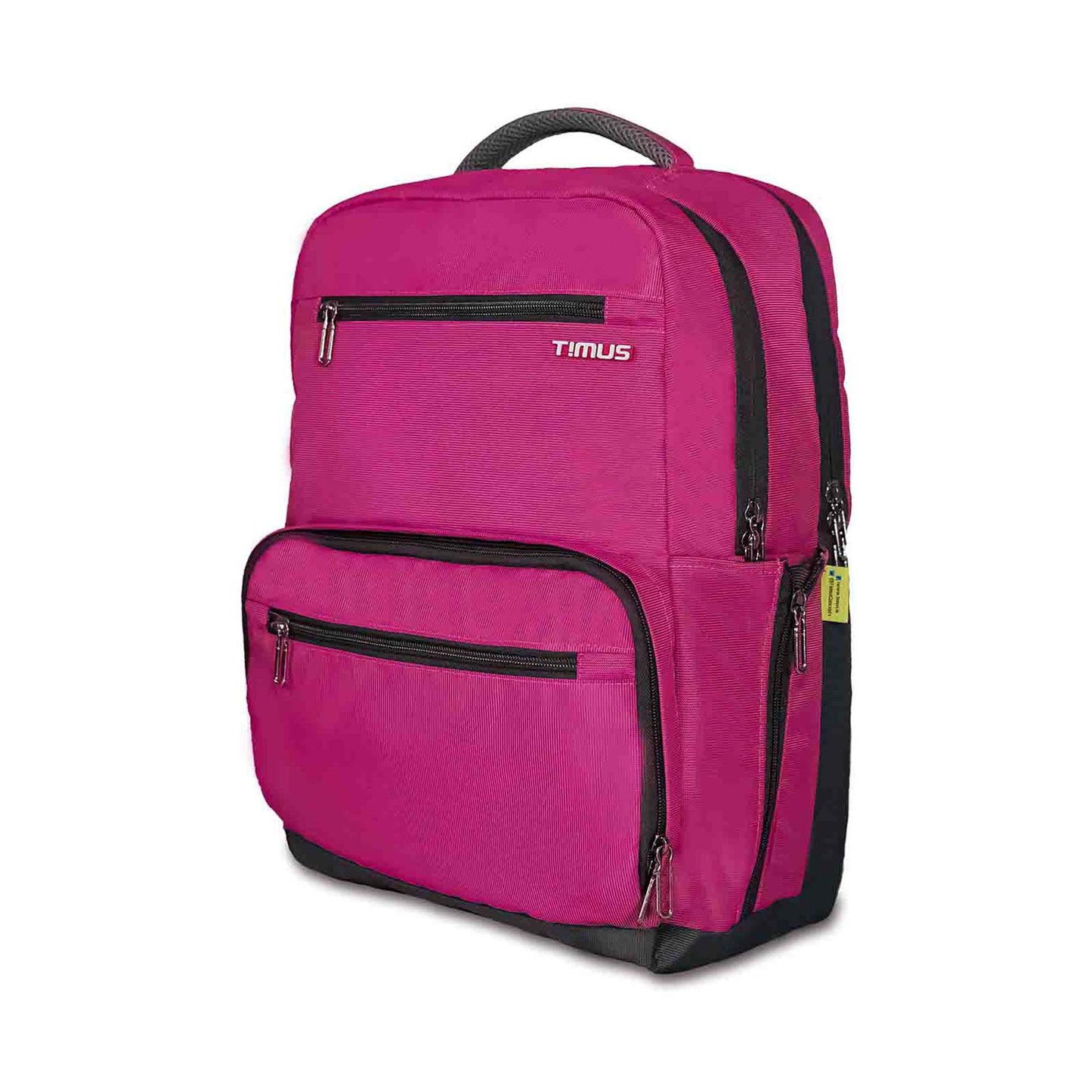Left front angled view of pink Timus Canada casual backpack featuring textured fabric, two front zippered compartments with black zippers, black base, padded top handle, zippered side pocket, and white Timus logo on the upper front pocket.
