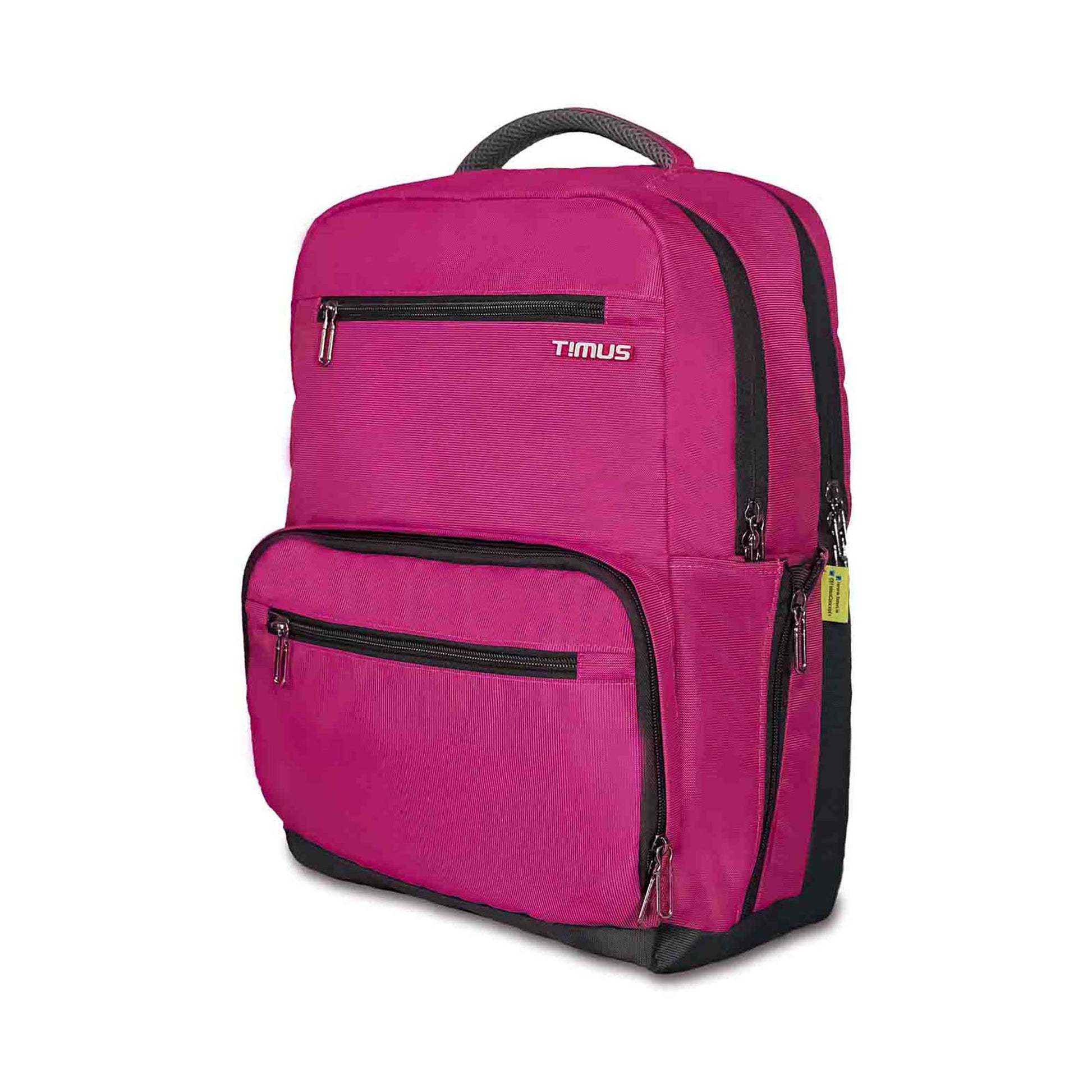 Left front angled view of pink Timus Canada casual backpack featuring textured fabric, two front zippered compartments with black zippers, black base, padded top handle, zippered side pocket, and white Timus logo on the upper front pocket.
