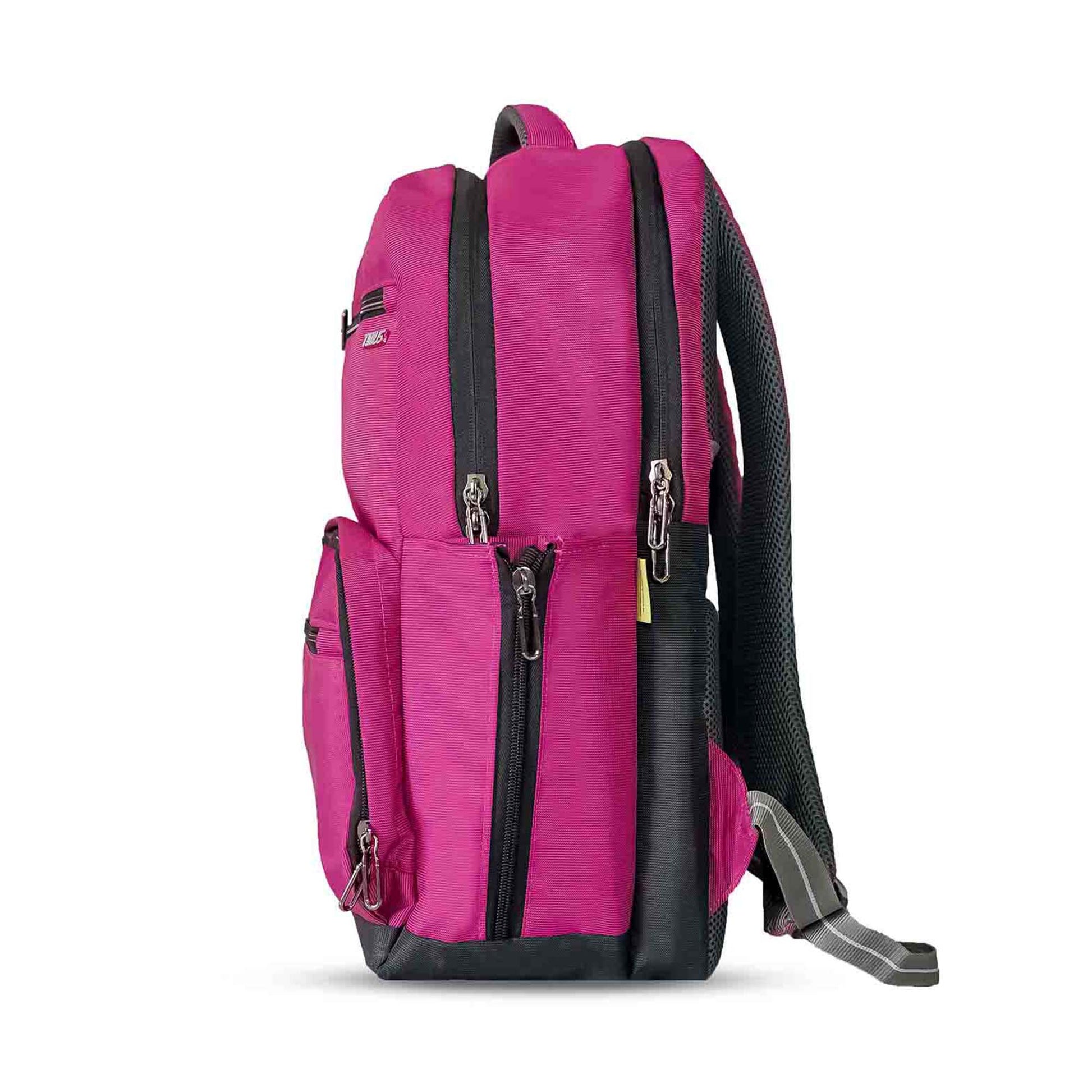 Left-side view of pink Timus Canada casual backpack showing dual zippered compartments, side storage pocket, padded top carry handle, and breathable mesh back panel with padded shoulder straps.