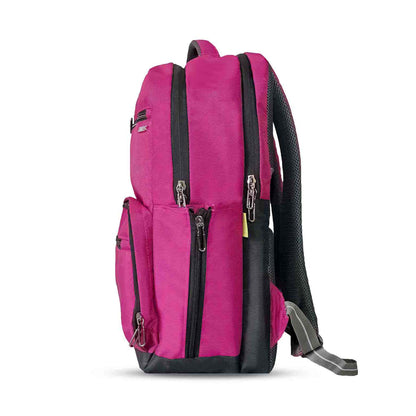 Left-side view of pink Timus Canada casual backpack showing dual zippered compartments, side storage pocket, padded top carry handle, and breathable mesh back panel with padded shoulder straps.