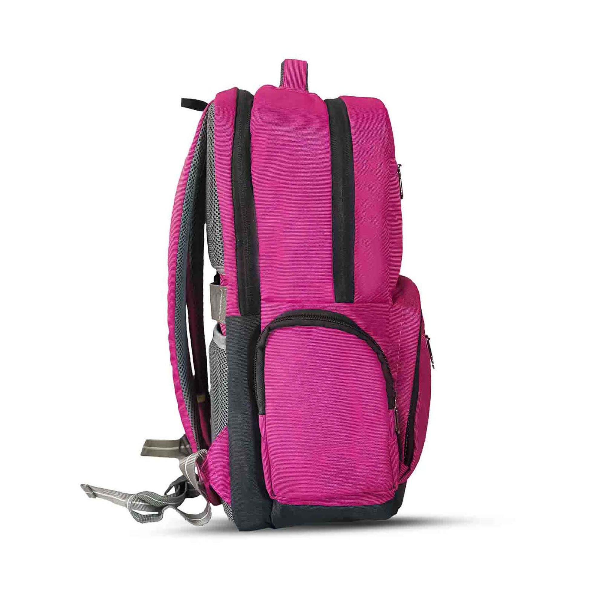 Right-side view of pink Timus Canada casual backpack showcasing dual zippered main compartments, a side zippered pocket, padded adjustable shoulder strap with grey accents, and a top carry handle.

