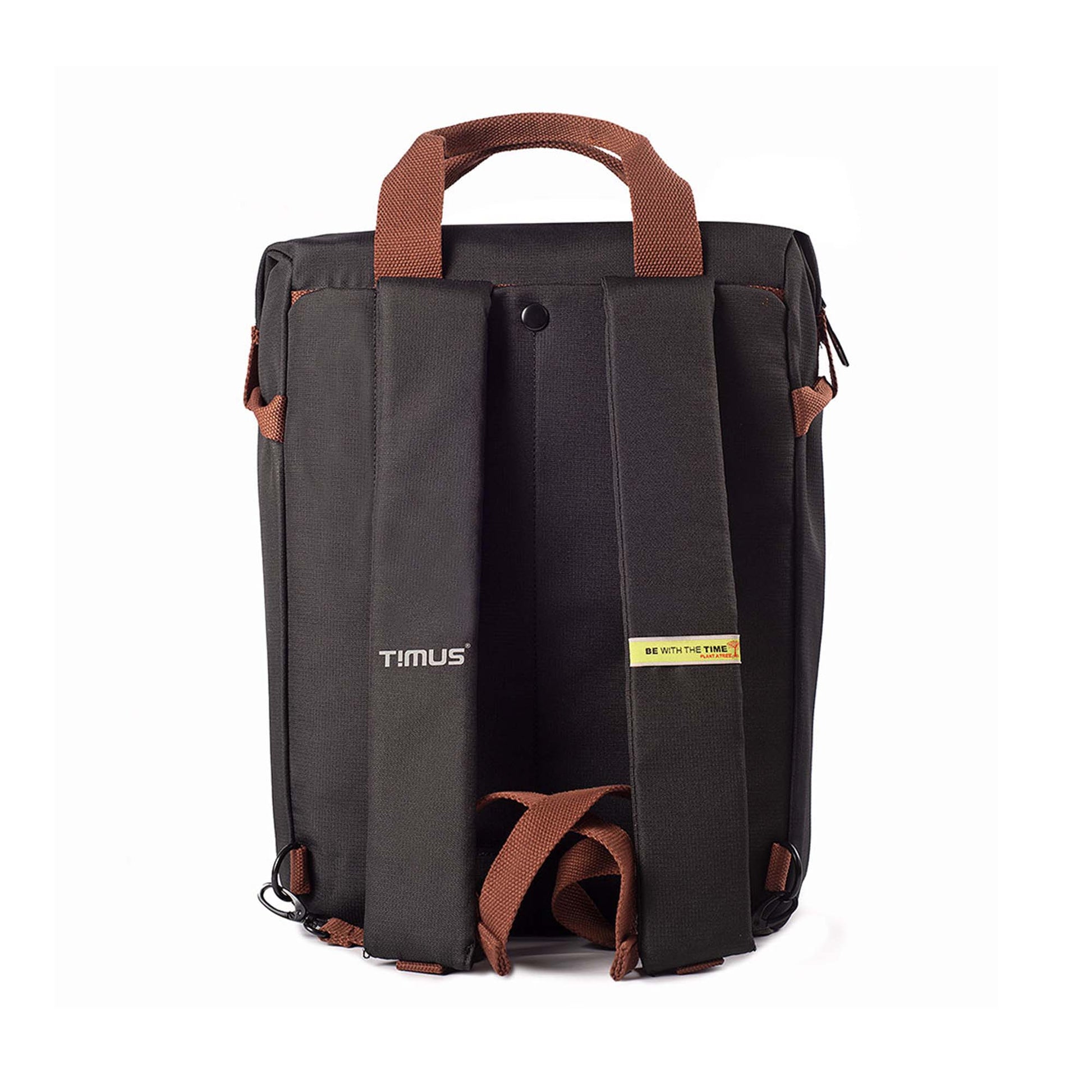Back view of black Timus Chicago urban backpack showing padded shoulder straps, hidden back pocket, brown handles, and visible branding tags.

