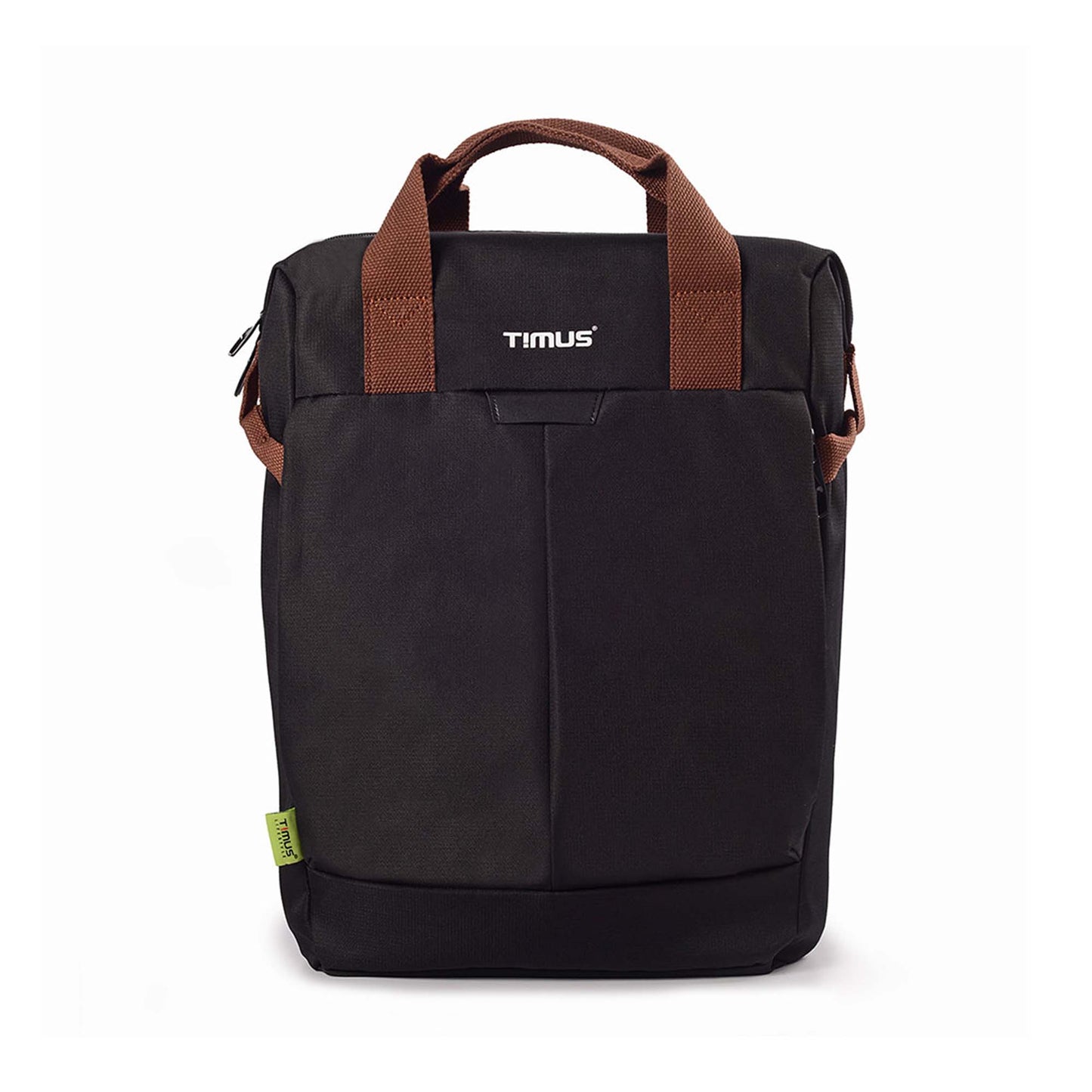 Front view of black Timus Chicago urban backpack with brown straps, showing visible Timus brand logo.

