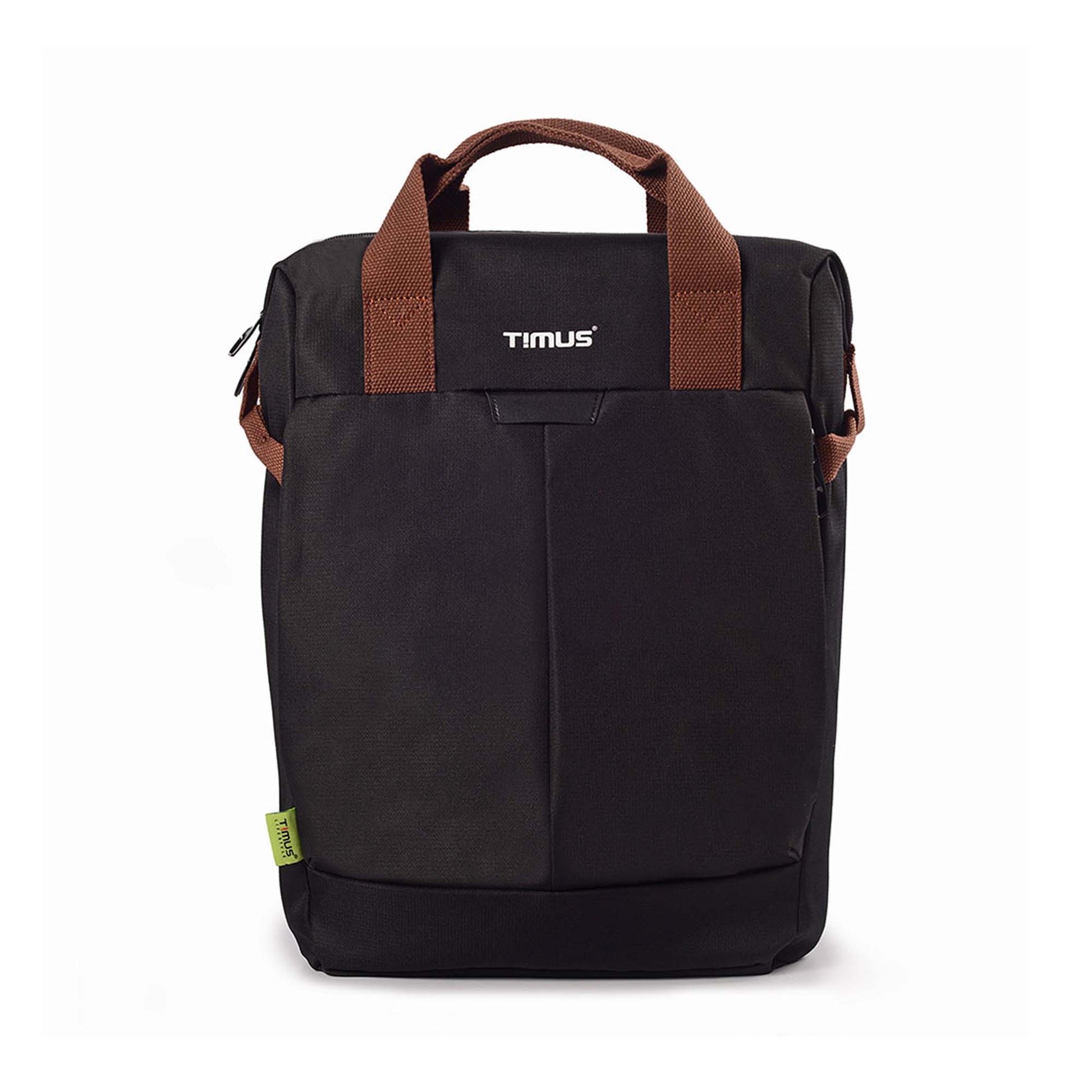 Front view of black Timus Chicago urban backpack with brown straps, showing visible Timus brand logo.

