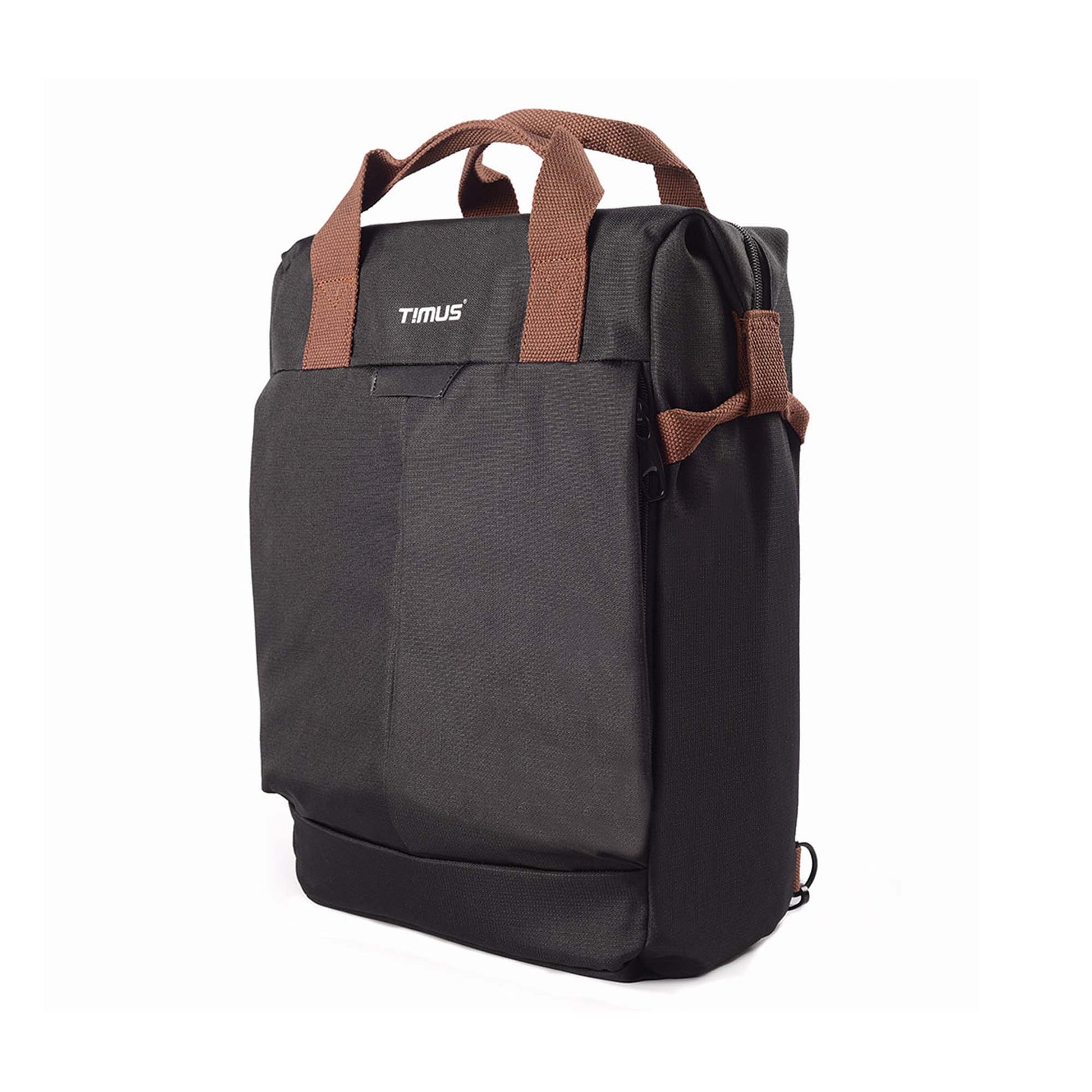 Left side front angled view of black Timus Chicago urban backpack showing brown handles and front pocket.

