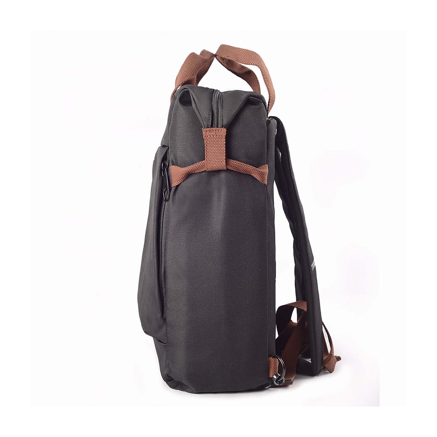 Left side view of black Timus Chicago urban backpack showing front pocket side zipper, brown handles, and shoulder straps.