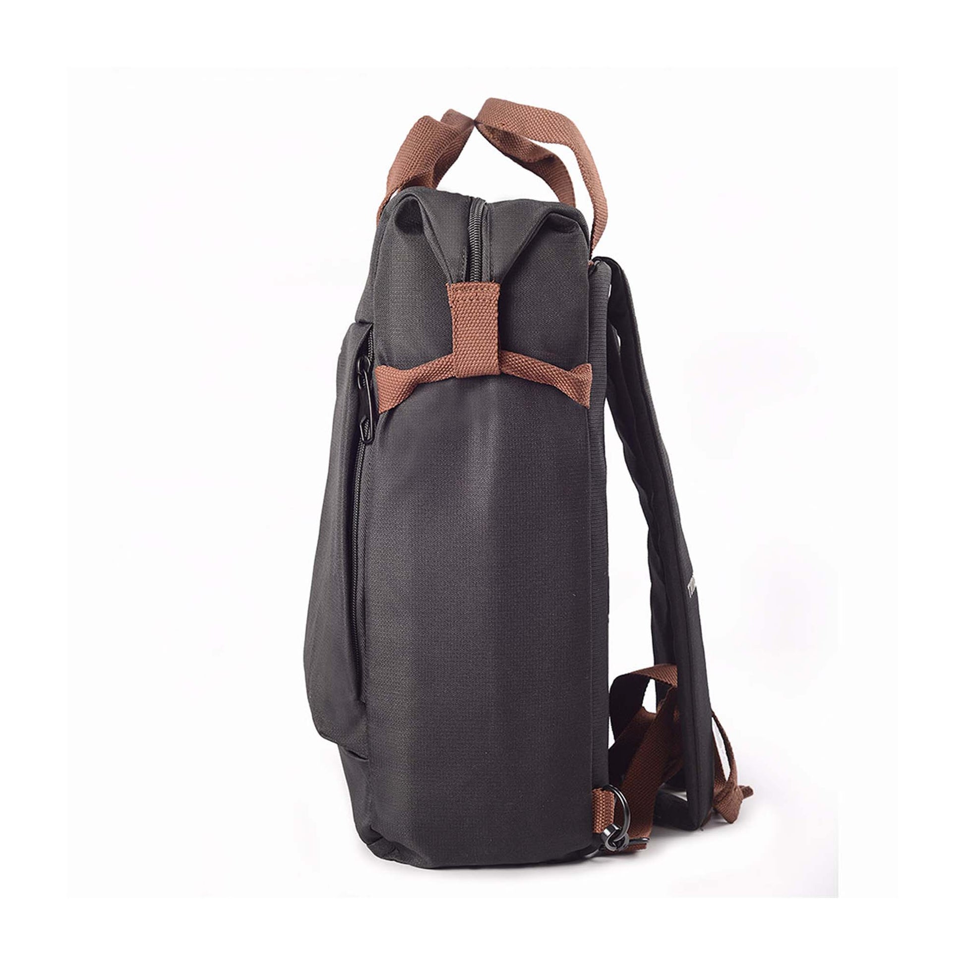 Left side view of black Timus Chicago urban backpack showing front pocket side zipper, brown handles, and shoulder straps.