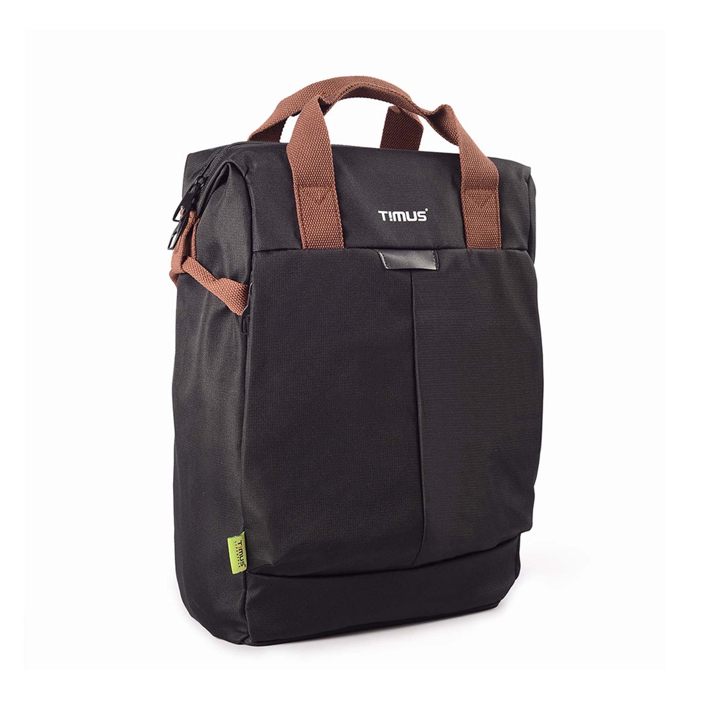 Right side angled view of black Timus Chicago urban backpack with brown handles and visible front pocket.

