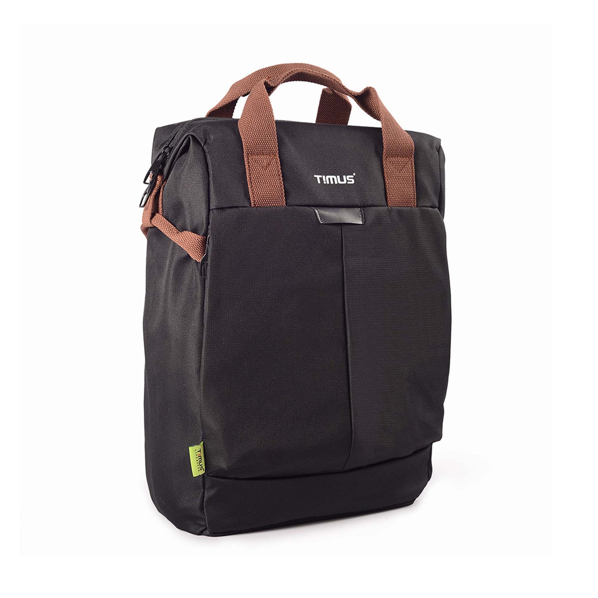 Right side angled view of black Timus Chicago urban backpack with brown handles and visible front pocket.


