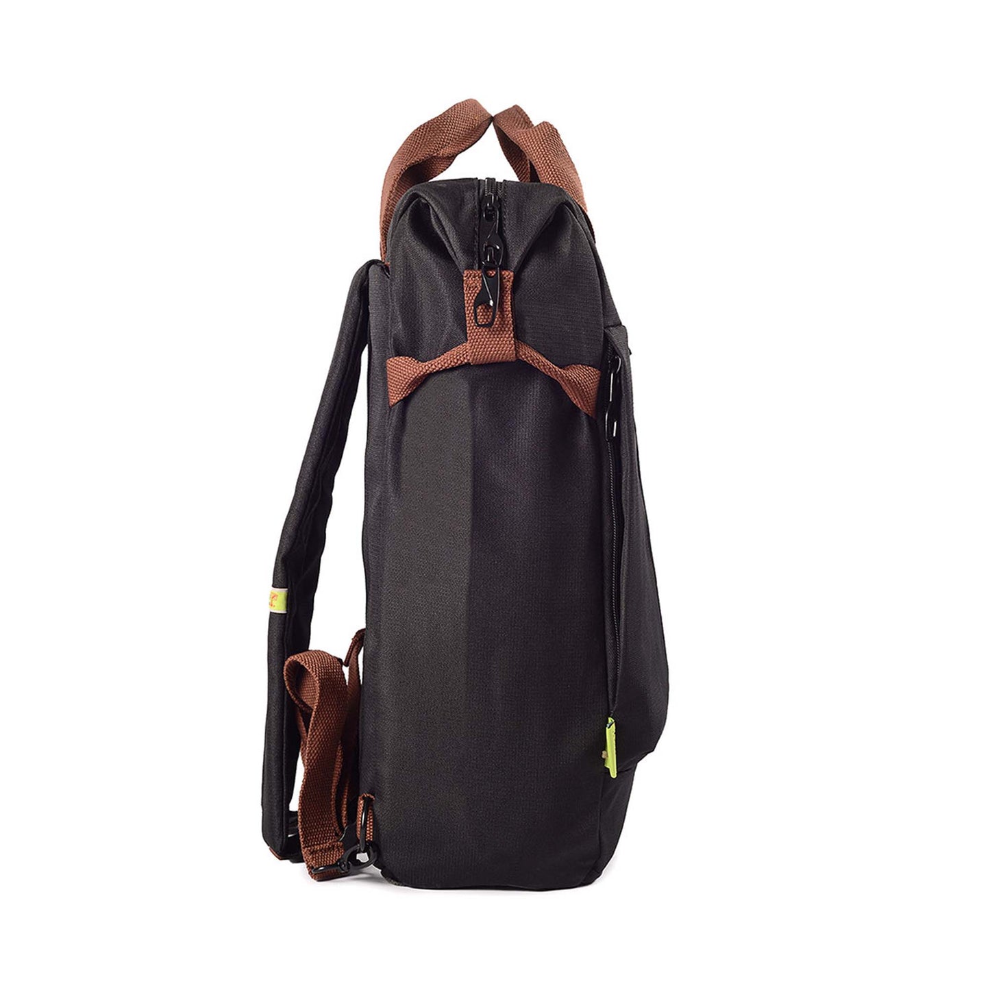 Right side view of black Timus Chicago urban backpack showing front pocket and main pocket closed zippers, brown handles, and shoulder straps.