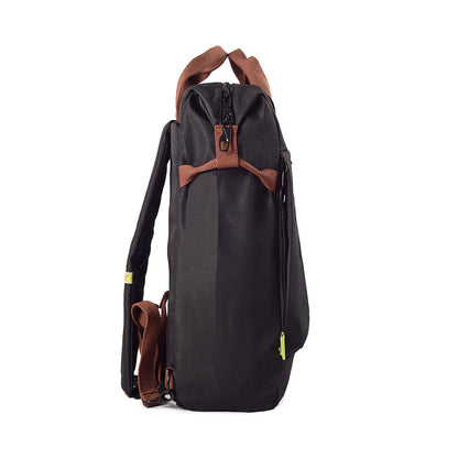 Right side view of black Timus Chicago urban backpack showing front pocket and main pocket closed zippers, brown handles, and shoulder straps.