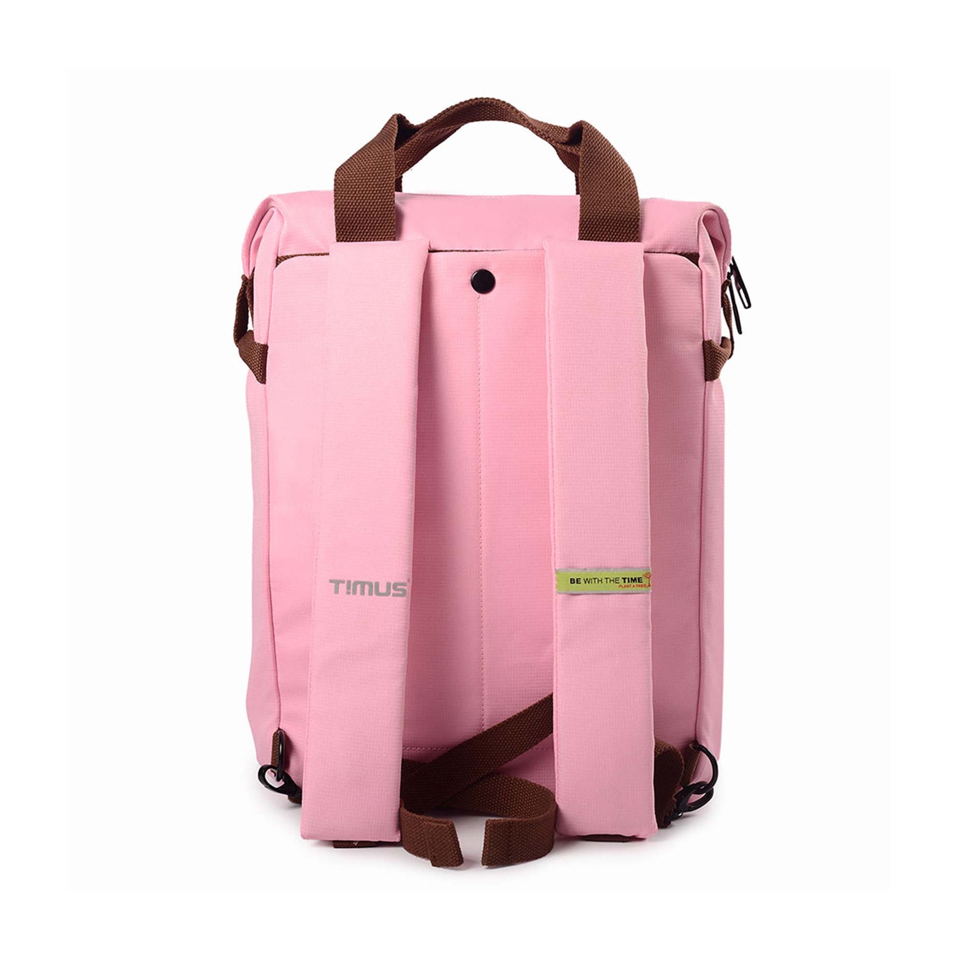 Back view of pink Timus Chicago urban backpack showing padded shoulder straps, brown handles, and visible branding tags.