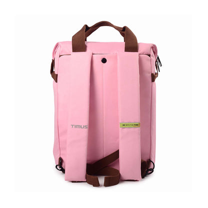 Back view of pink Timus Chicago urban backpack showing padded shoulder straps, brown handles, and visible branding tags.