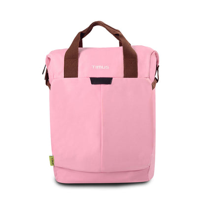 Front view of pink Timus Chicago urban backpack with brown straps, showing visible Timus brand logo.