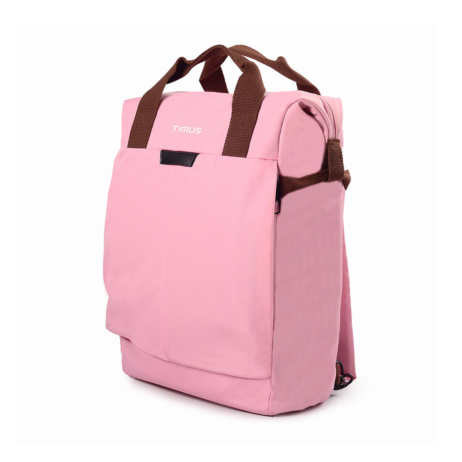 Left front angled view of pink urban backpack with brown straps, featuring dedicated laptop and iPad compartments