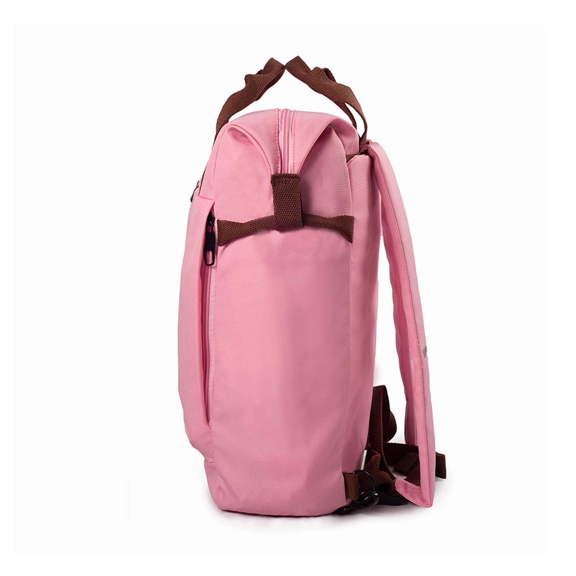 Left side view of pink Timus Chicago urban backpack showing side front pocket zipper, brown handles, and shoulder strap.
